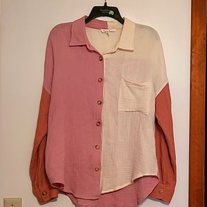 Heyday button front crinkle shirt 100% cotton mauve & ivory color M